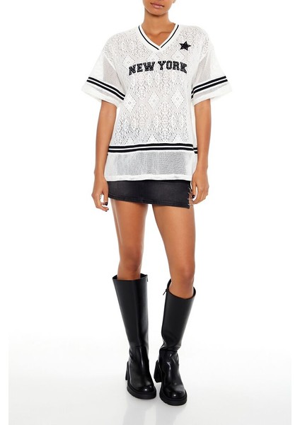 New York Varsity Çizgili Dantel Tişört