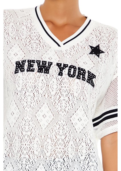 New York Varsity Çizgili Dantel Tişört