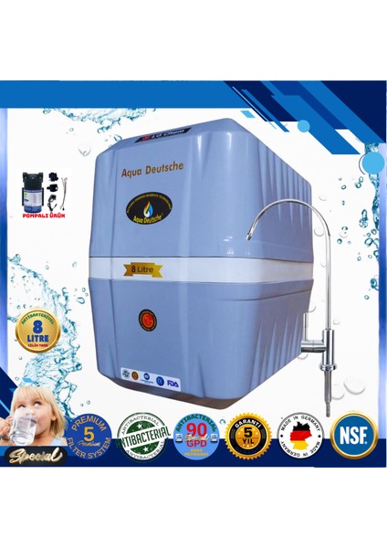 Pompalı 8 Litre Antibakteriyel Çelik Tanklı 90 Gpd Nano Membranlı Gümüş Iyon Kompozit Tatlandırıcılı Su Arıtma Cihazı