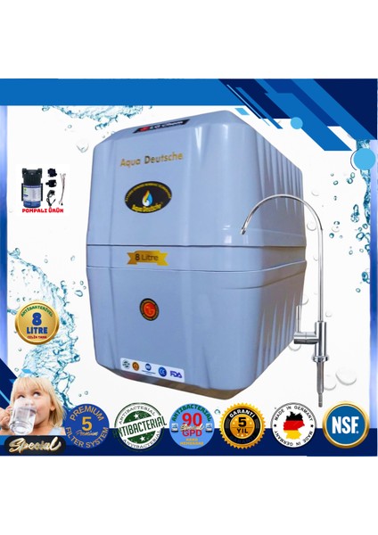 Pompalı 8 Litre Antibakteriyel Çelik Tanklı 90 Gpd Nano Membranlı Gümüş Iyon Kompozit Tatlandırıcılı Su Arıtma Cihazı
