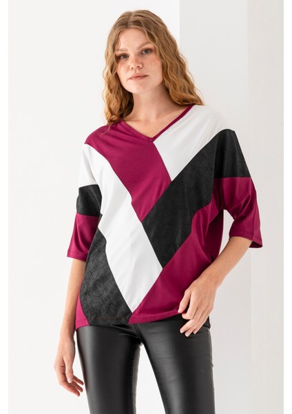 Kadın Siyah Mürdüm Önü Blok Parça Desenli Deri Garnili Yarasa Kol Geniş Kesim Bluz