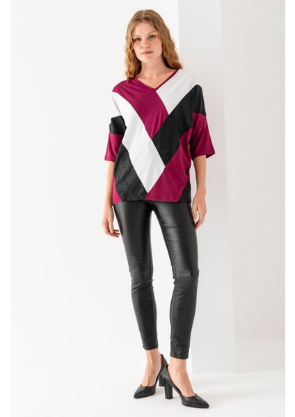 Kadın Siyah Mürdüm Önü Blok Parça Desenli Deri Garnili Yarasa Kol Geniş Kesim Bluz fiyatları