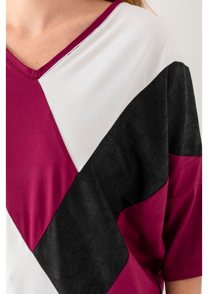 Kadın Siyah Mürdüm Önü Blok Parça Desenli Deri Garnili Yarasa Kol Geniş Kesim Bluz modelleri