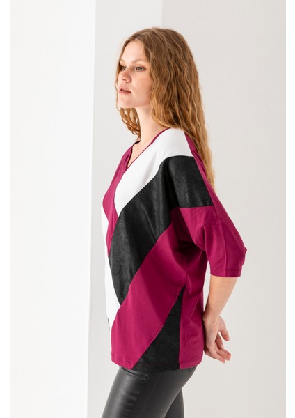 Kadın Siyah Mürdüm Önü Blok Parça Desenli Deri Garnili Yarasa Kol Geniş Kesim Bluz fırsatları