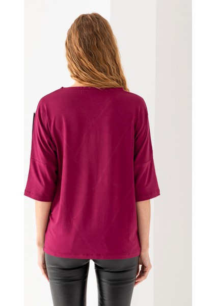 Kadın Siyah Mürdüm Önü Blok Parça Desenli Deri Garnili Yarasa Kol Geniş Kesim Bluz indirimleri