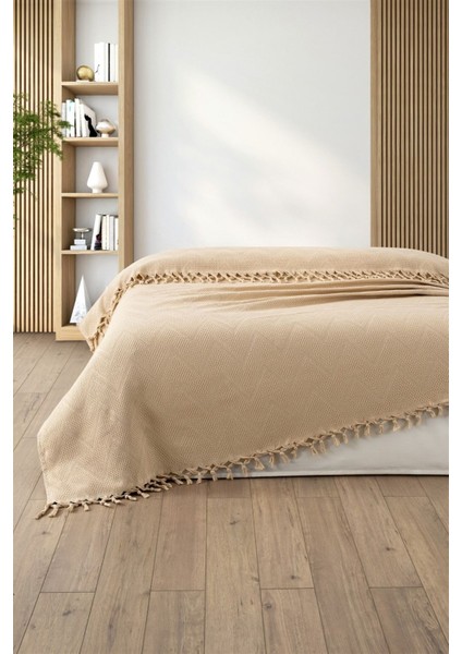 %100 Pamuk Çift Kişilik Bağlama Saçaklı Pike-220x240 cm-Kapuçino