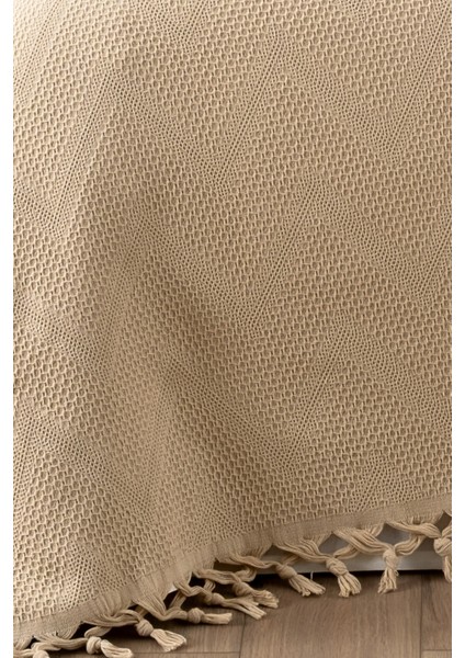 %100 Pamuk Çift Kişilik Bağlama Saçaklı Pike-220x240 cm-Kapuçino