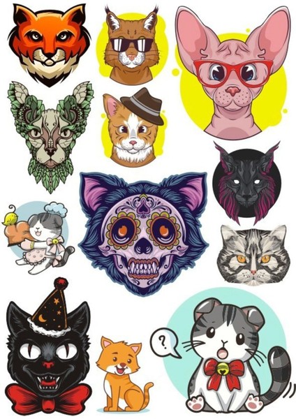 Kedi Sticker Set-2 12 Parça Telefon, Tablet, Defter, Laptop Sticker