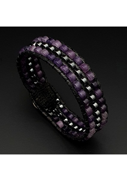 Doğal Taş Bileklik, Ametist ve Hematit Tarz Bileklik, Mor Bileklik, Hediye Bileklik