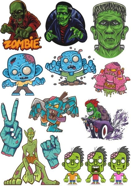 Zombie Canavarlar Sticker Set-1 14 Parça Telefon, Tablet, Defter, Laptop Sticker
