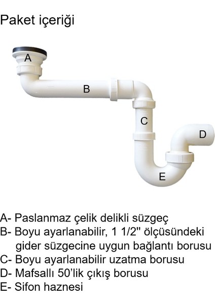 Yer Kazandıran Lavabo Sifonu Evye Sifonu, Paslanmaz Delikli Süzgeçli, 50LIK Çıkış, Lavabo Dolabında ve Çekmecesinde Lavabo ve Evye Altında Duvara Bitişik Montajlı Koku Önleyici S Sistemi