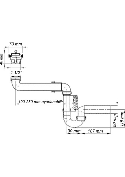 Yer Kazandıran Lavabo Sifonu Evye Sifonu, Paslanmaz Delikli Süzgeçli, 50LIK Çıkış, Lavabo Dolabında ve Çekmecesinde Lavabo ve Evye Altında Duvara Bitişik Montajlı Koku Önleyici S Sistemi