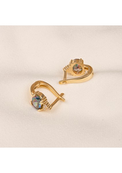 14 Ayar Altın Oval Mistik Topaz Taşlı Tektaş Küpe