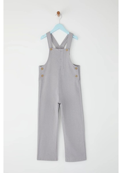 Erkek Çocuk Gri Düğmeli Keten Karışımlı Ayarlanabilir Salopet