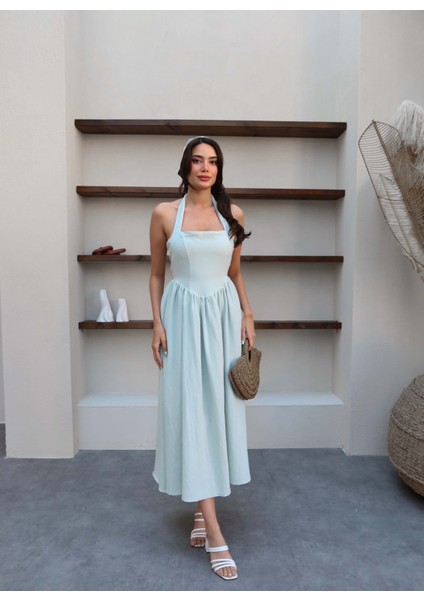 Boyundan Bağlı Keten Midi Elbise