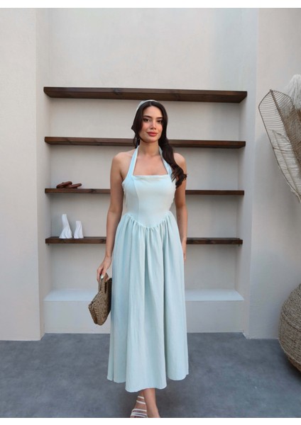 Boyundan Bağlı Keten Midi Elbise fiyatları