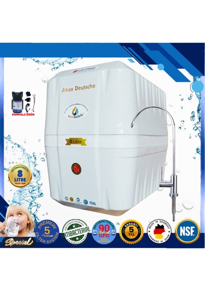 Pompalı 8 Litre Antibakteriyel Çelik Tanklı 90 Gpd Nano Membranlı Gümüş Iyon Kompozit Tatlandırıcılı Su Arıtma Cihazı