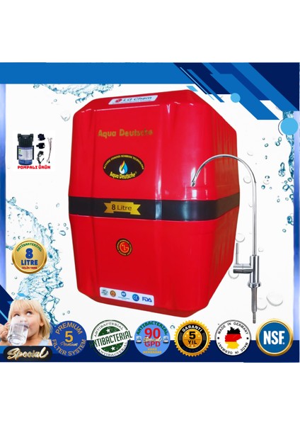 Pompalı 8 Litre Antibakteriyel Çelik Tanklı 90 Gpd Nano Membranlı Gümüş Iyon Kompozit Tatlandırıcılı Su Arıtma Cihazı