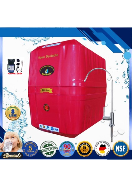 Pompalı 8 Litre Antibakteriyel Çelik Tanklı 90 Gpd Nano Membranlı Gümüş Iyon Kompozit Tatlandırıcılı Su Arıtma Cihazı