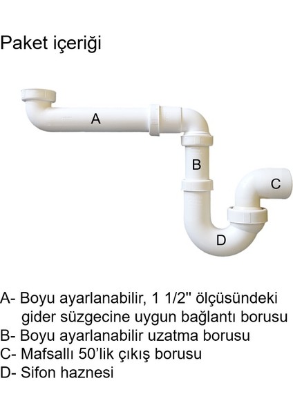 Yer Kazandıran Lavabo Sifonu Evye Sifonu, 1 1/2'' Bağlantı Ağızlı, Süzgeçsiz 50LIK Çıkış Lavabo Dolabında ve Çekmecesinde Lavabo ve Evye Altında Duvara Bitişik Montajlı Koku Önleyici S Sistemi