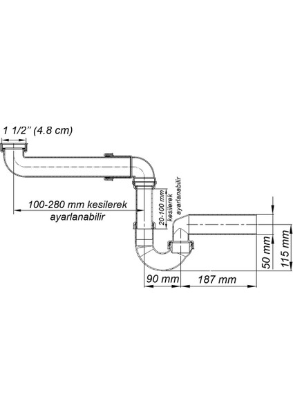 Yer Kazandıran Lavabo Sifonu Evye Sifonu, 1 1/2'' Bağlantı Ağızlı, Süzgeçsiz 50LIK Çıkış Lavabo Dolabında ve Çekmecesinde Lavabo ve Evye Altında Duvara Bitişik Montajlı Koku Önleyici S Sistemi