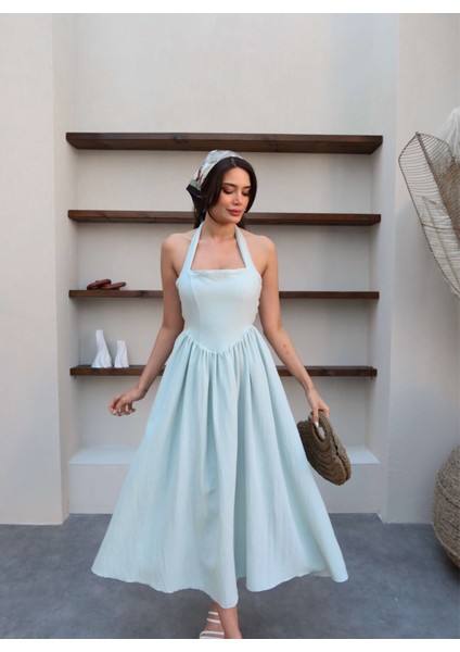 Boyundan Bağlı Keten Midi Elbise fırsatları