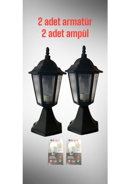 Bahçe Armatürü Altıgen, Set Üstü Model. E27 Duylu, Siyah Kasa, 2 Adet Ampül Dahil.
