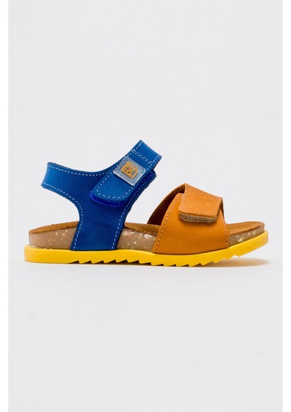 Unisex Çocuk Sarı-Saks Hakiki Deri Mantar Tabanlı Günlük Çocuk Sandalet