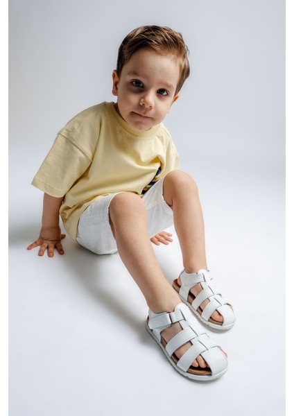 Unisex Çocuk Beyaz Hakiki Deri Mantar Tabanlı Günlük Çocuk Sandalet