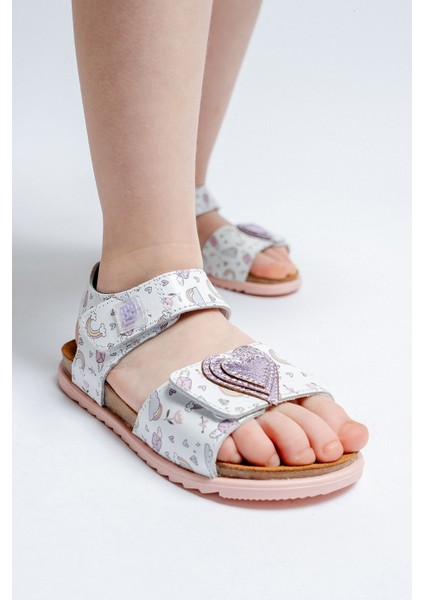 Kız Çocuk Beyaz Hakiki Deri Mantar Tabanlı Günlük Çocuk Sandalet fırsatları