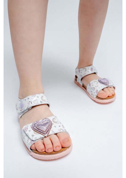 Kız Çocuk Beyaz Hakiki Deri Mantar Tabanlı Günlük Çocuk Sandalet indirimleri