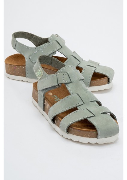Unisex Çocuk Su Yeşili Hakiki Deri Mantar Tabanlı Günlük Çocuk Sandalet