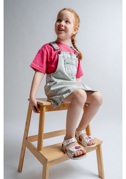 Kız Çocuk Beyaz Hakiki Deri Mantar Tabanlı Günlük Çocuk Sandalet