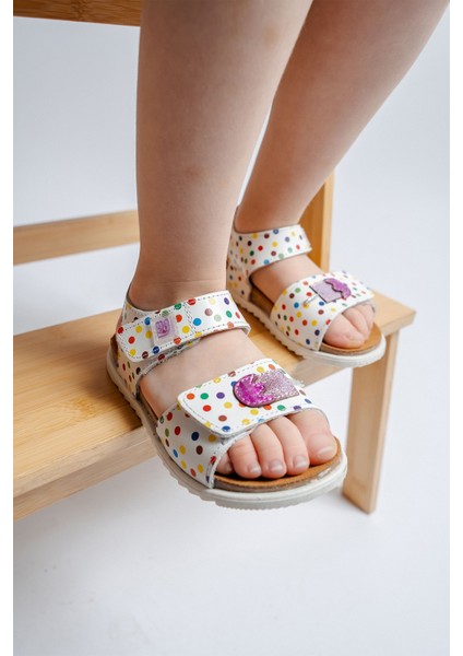 Kız Çocuk Beyaz Hakiki Deri Mantar Tabanlı Günlük Çocuk Sandalet fırsatları