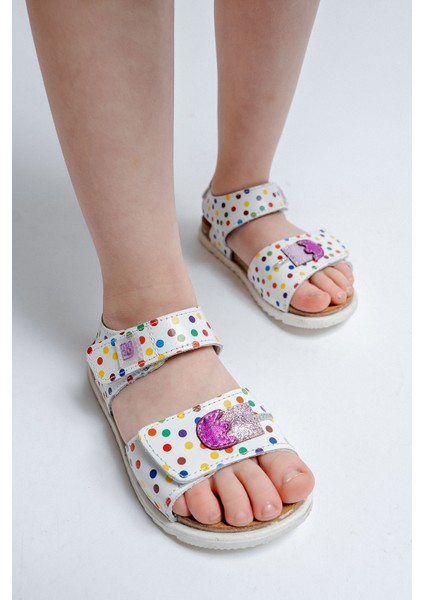 Kız Çocuk Beyaz Hakiki Deri Mantar Tabanlı Günlük Çocuk Sandalet indirimleri