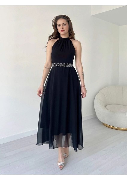 Halter Yaka Kemeri Taşlı Midi Boy Şifon Elbise