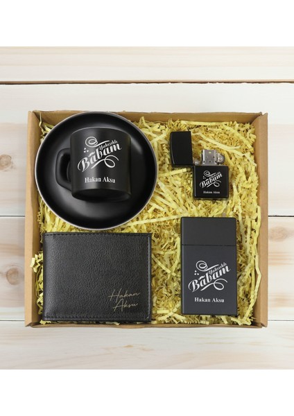 Kişiye Özel Isimli Baba Temalı Siyah Türk Kahvesi Fincanı&cüzcan&çakmak&sigara Kutusu Hediye Seti-6, Babaya Hediye, Babalar Günü Hediyeleri