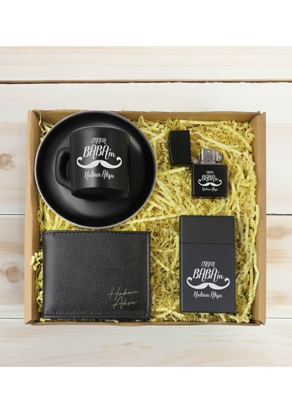 Kişiye Özel Isimli Baba Temalı Siyah Türk Kahvesi Fincanı&cüzcan&çakmak&sigara Kutusu Hediye Seti-2, Babaya Hediye, Babalar Günü Hediyeleri