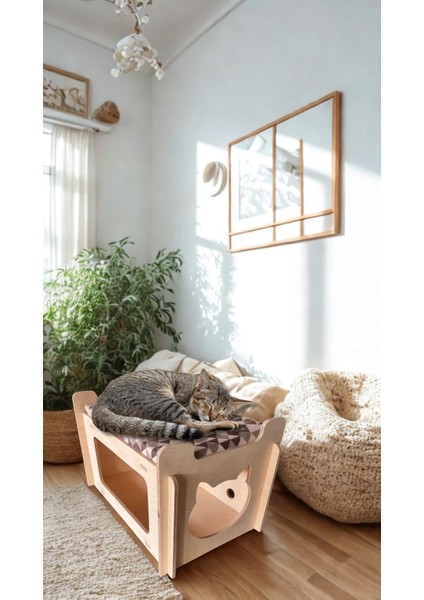 Ed Asia Kedi Evi 2 Katlı Ahşap Renk . Rahat ve Yıkanabilir Minderi Ile Beraber