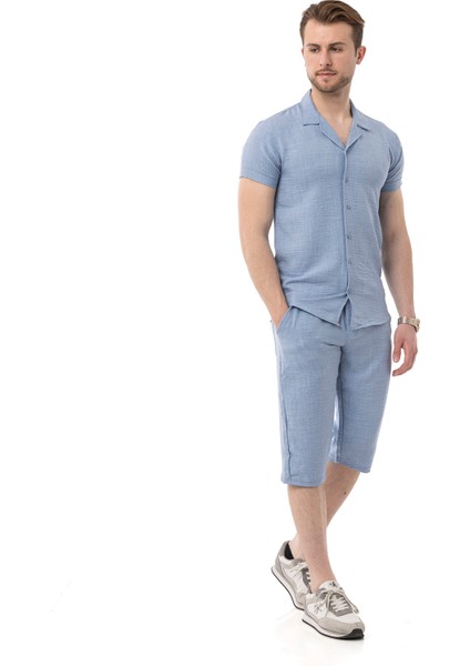 Erkek Mekanik Keten Gömlekli Diz Altı Kapri Takım