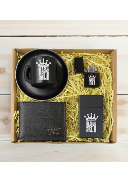 Kişiye Özel Isimli Baba Temalı Siyah Türk Kahvesi Fincanı&cüzcan&çakmak&sigara Kutusu Hediye Seti-3, Babaya Hediye, Babalar Günü Hediyeleri