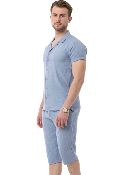 Erkek Mekanik Keten Gömlekli Diz Altı Kapri Takım modelleri