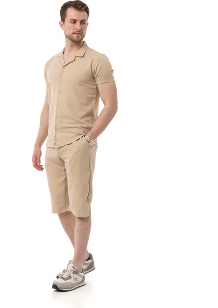 Erkek Mekanik Keten Gömlekli Diz Altı Kapri Takım