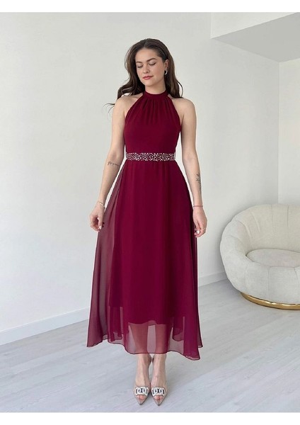 Halter Yaka Kemeri Taşlı Midi Boy Şifon Elbise