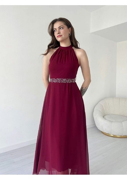 Halter Yaka Kemeri Taşlı Midi Boy Şifon Elbise fiyatları