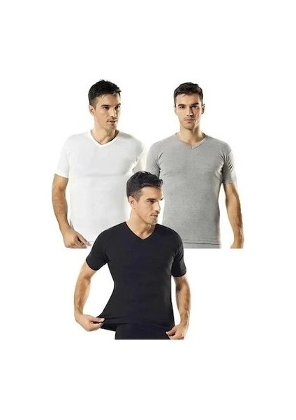 Siyah Beyaz Gri Erkek Ribana V Yaka Fanila 3 Lü Karışık Paket