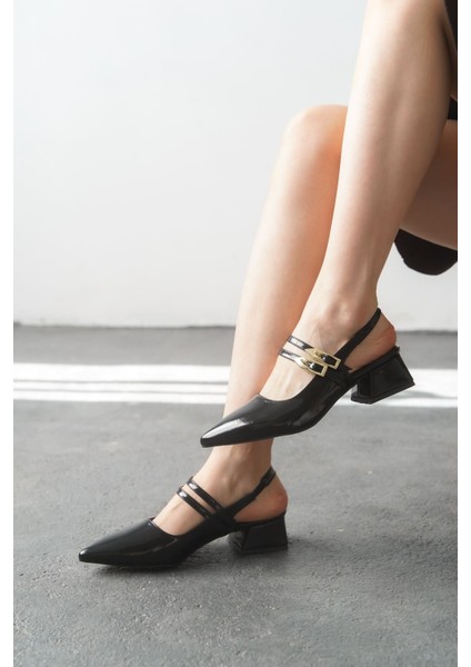 Kadın Gray Tokalı Kısa Topuk Ayakkabı - Siyah-Rugan modelleri