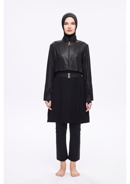 Kemer Toka Detaylı Dokulu Kumaş Siyah 5 Parça Tam Tesettür Mayo Takımı 5027