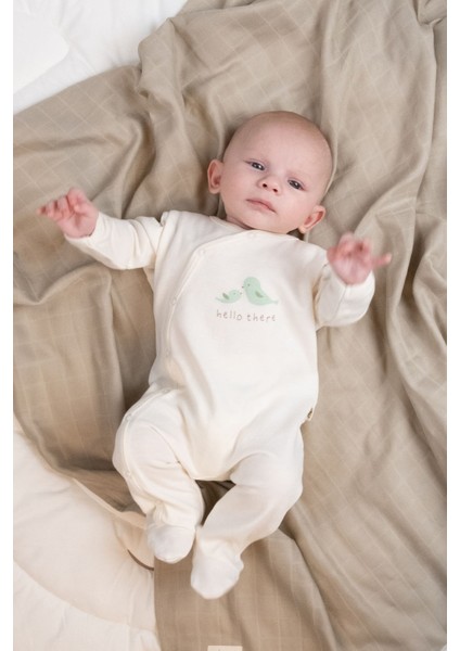 2'li Kendinden Eldivenli Patikli Organik Pamuk Twig Ekru Tulum Seti