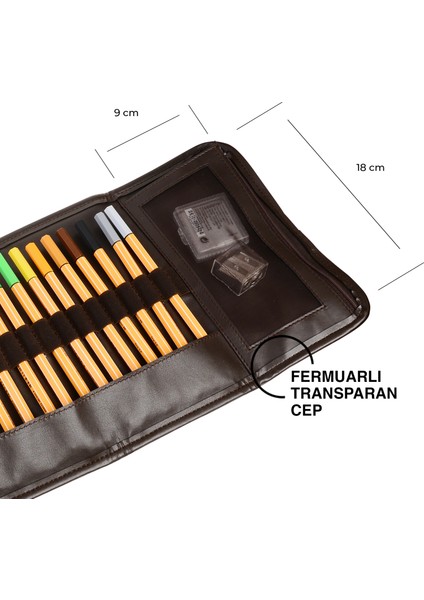 Rulo Kalemlik,Sanatsal Kalemlik,Dereceli Kalem ve Teknik Çizim Çantası,Vegan Deri,24'lü,Çıtçıtlı,Açık 21*58 cm.,Kahverengi fırsatları